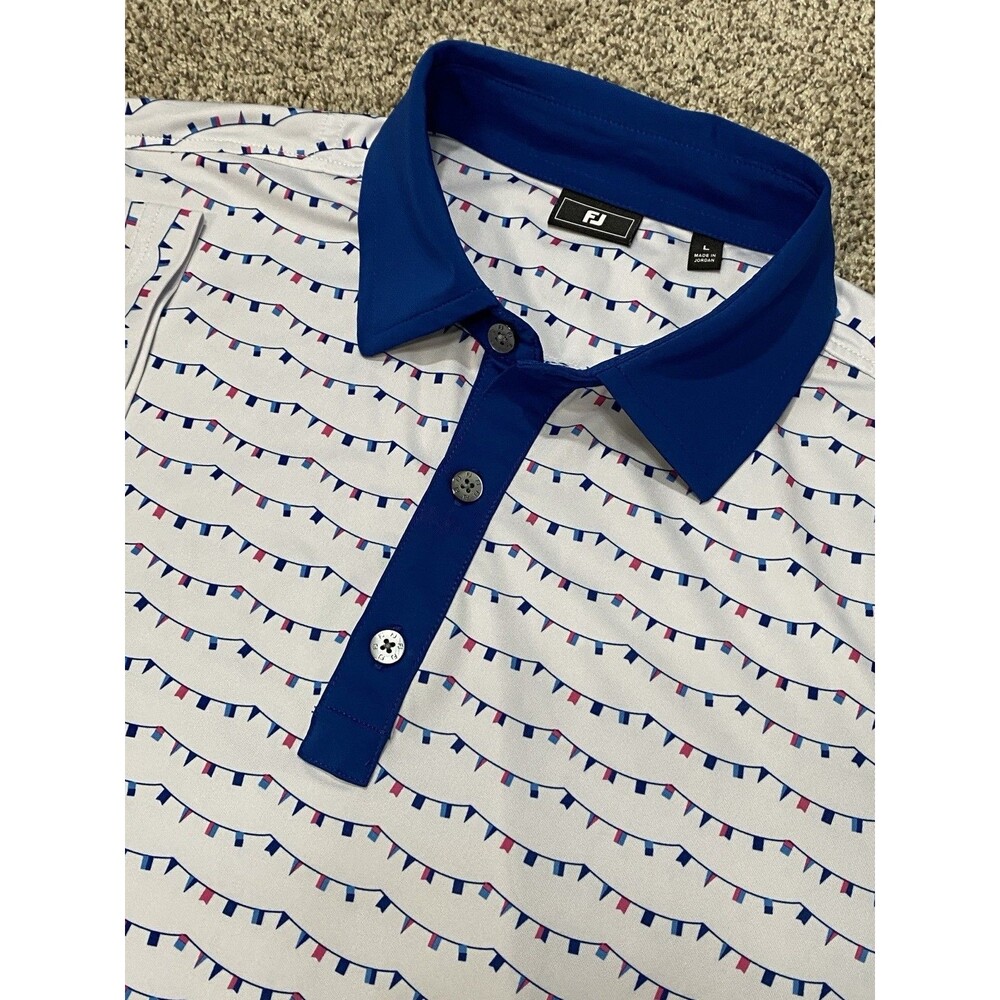 FootJoy Flag Banner Print Golf Polo Shirt Mens L White Blue Performance ProDry